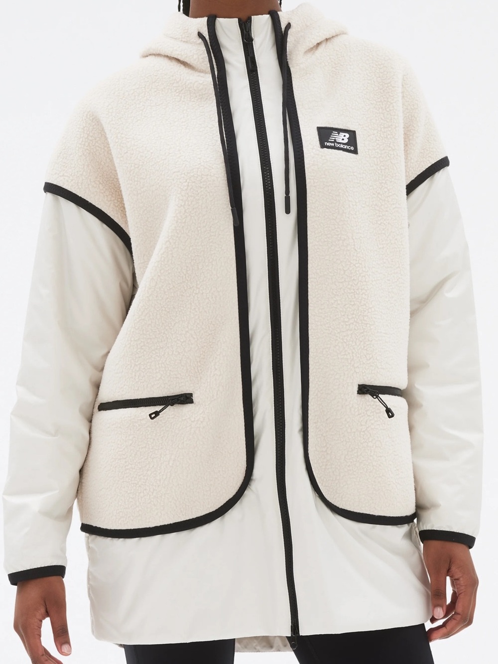 New Balance Cream Sherpa Hooded Jacket with Black Trim Small